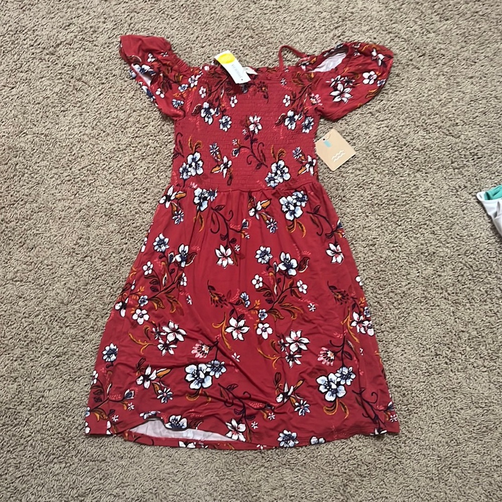 this is a girls dress, it’s a reddish maroon color with flowers.